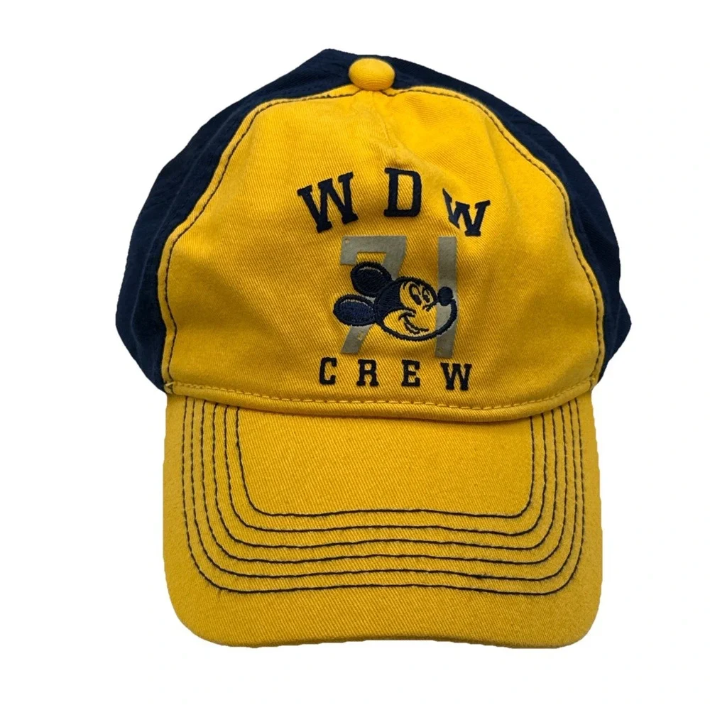 Disney Parks World WDW CREW 71 Mickey Mouse Adult Baseball Cap Hat Yellow & Blue